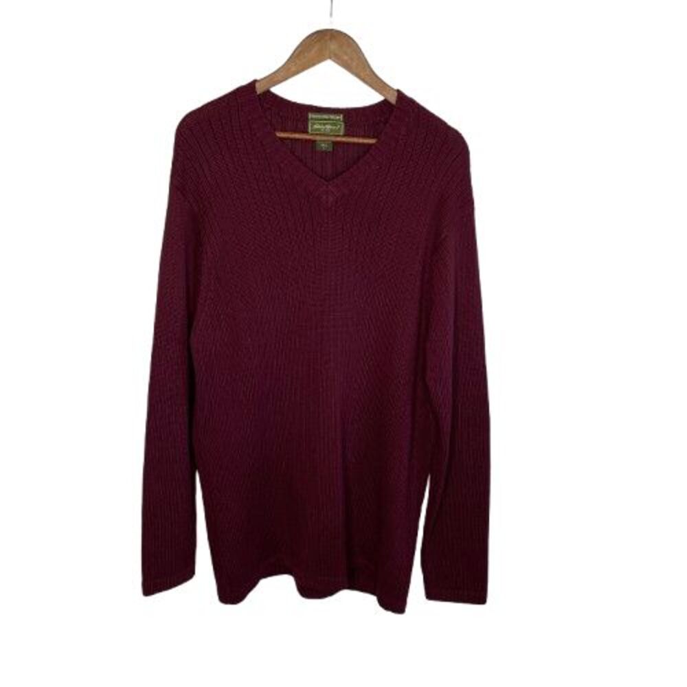 Eddie Bauer Mens Ribbed V Neck Cotton Pullover Sweater Size Large Tall Burgundy